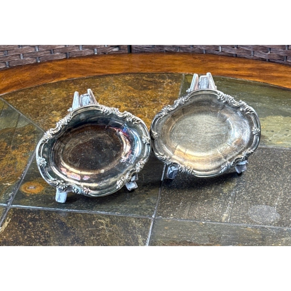Set of 2 Kent Silversmiths Oval Bowls Vintage Tarnished Ornate Repousse Decor